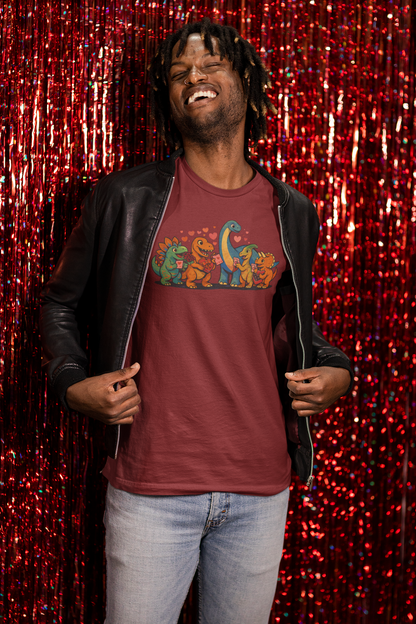Dinosaur Valentines T-Shirt – Cute Dino Valentine’s Day Tee photographed in a bold red scene, showcasing friendly dinosaurs and heart details for a joyful dinosaur valentine look