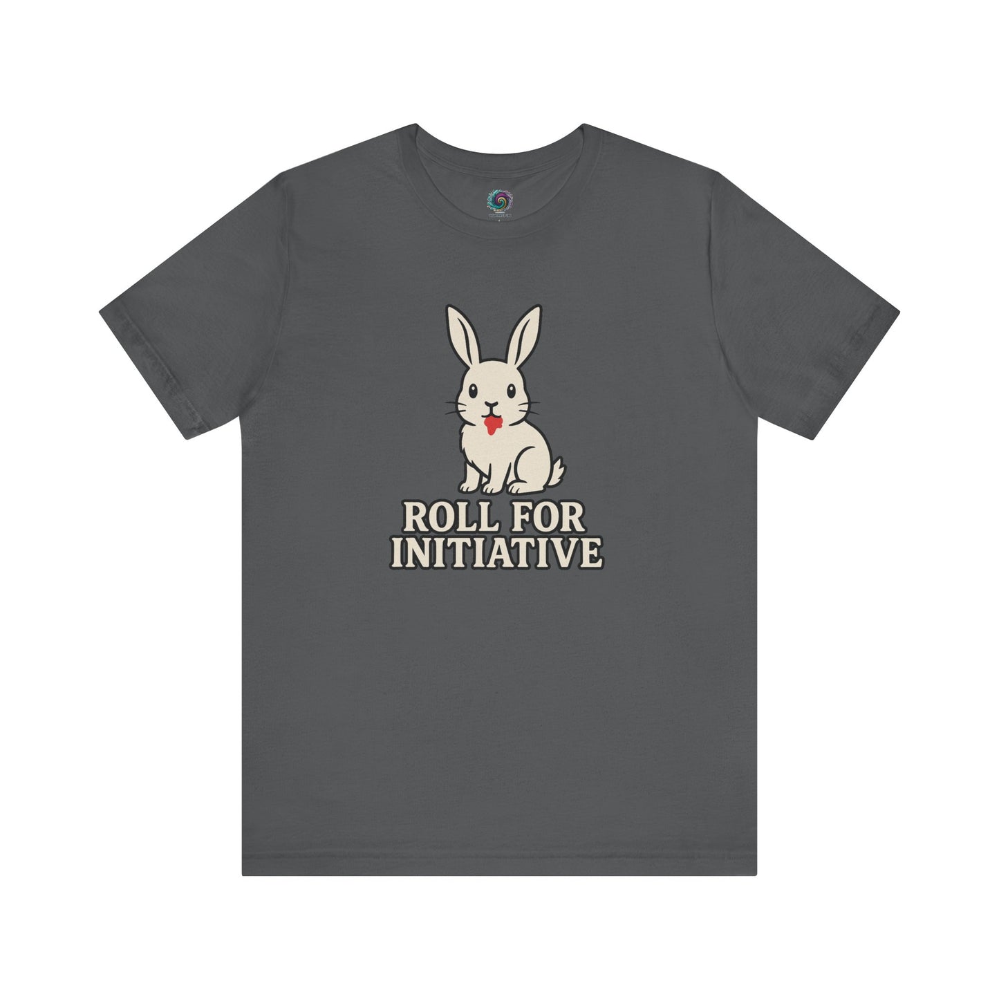 Roll for Initiative T-Shirt – Killer Bunny Humor Gaming Tee in asphalt grey, great for tabletop RPG fans and Monty Python parody lovers