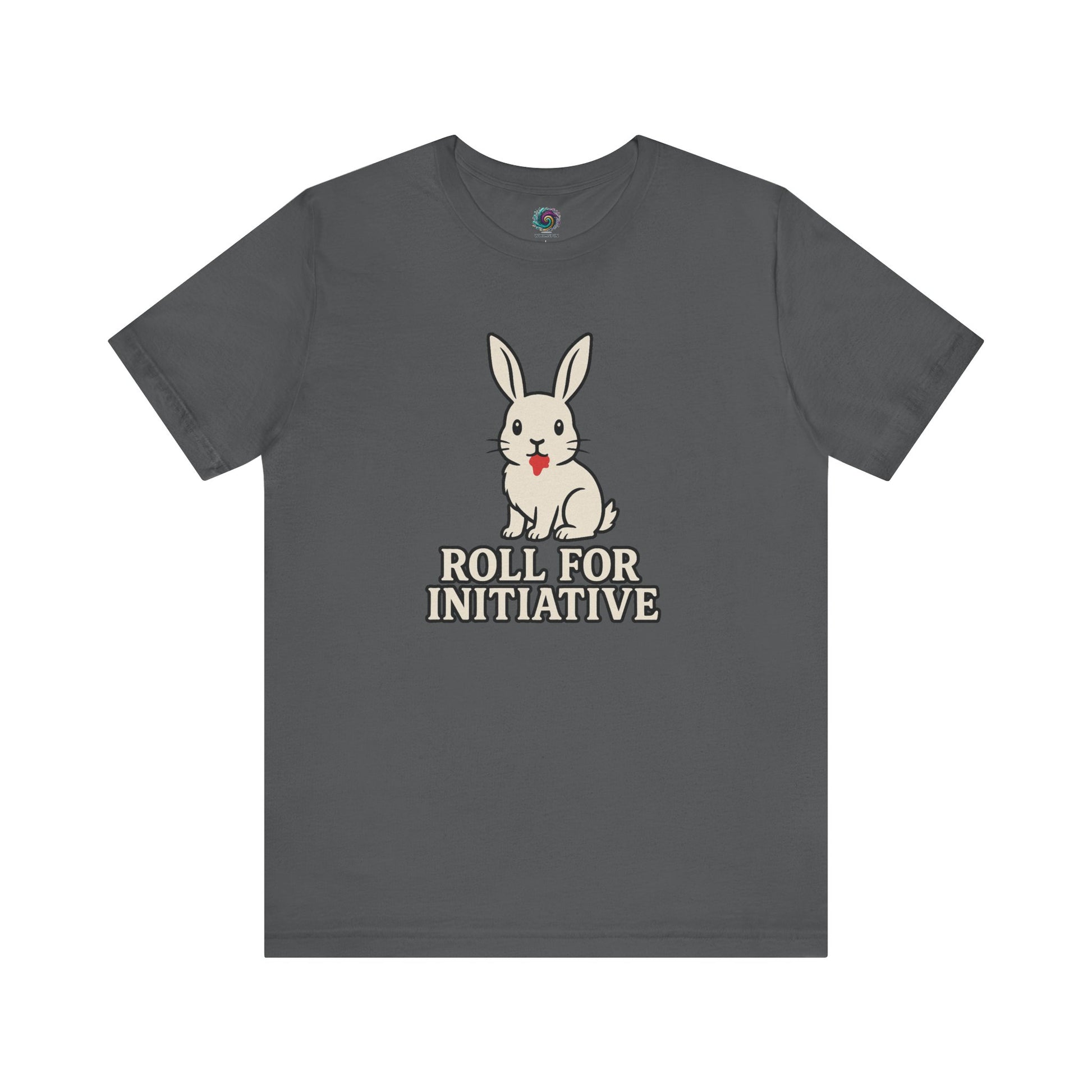 Roll for Initiative T-Shirt – Killer Bunny Humor Gaming Tee in asphalt grey, great for tabletop RPG fans and Monty Python parody lovers