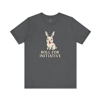 Roll for Initiative T-Shirt – Killer Bunny Humor Gaming Tee in asphalt grey, great for tabletop RPG fans and Monty Python parody lovers