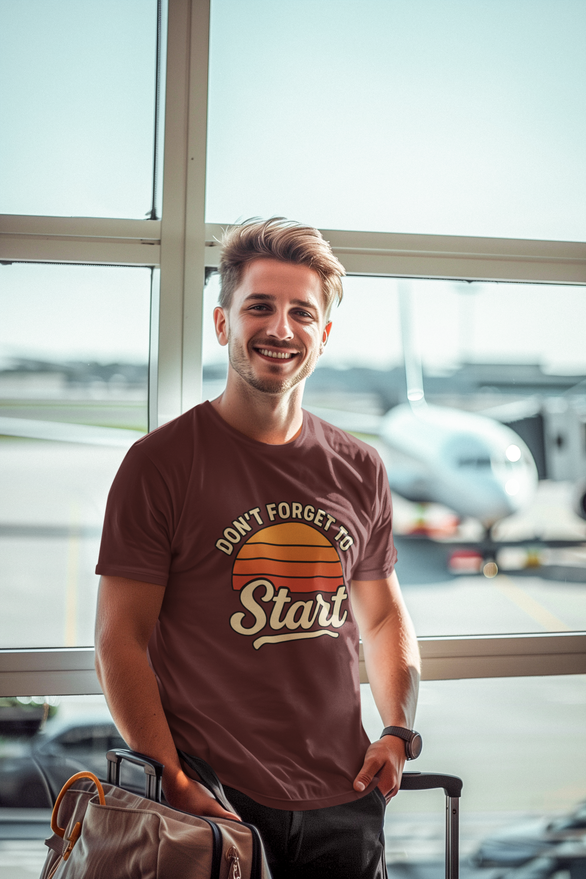 Don’t Forget to Start T-Shirt – Motivational Graphic Tee for Dreamers shown on man smiling at airport terminal with luggage and airplane in background