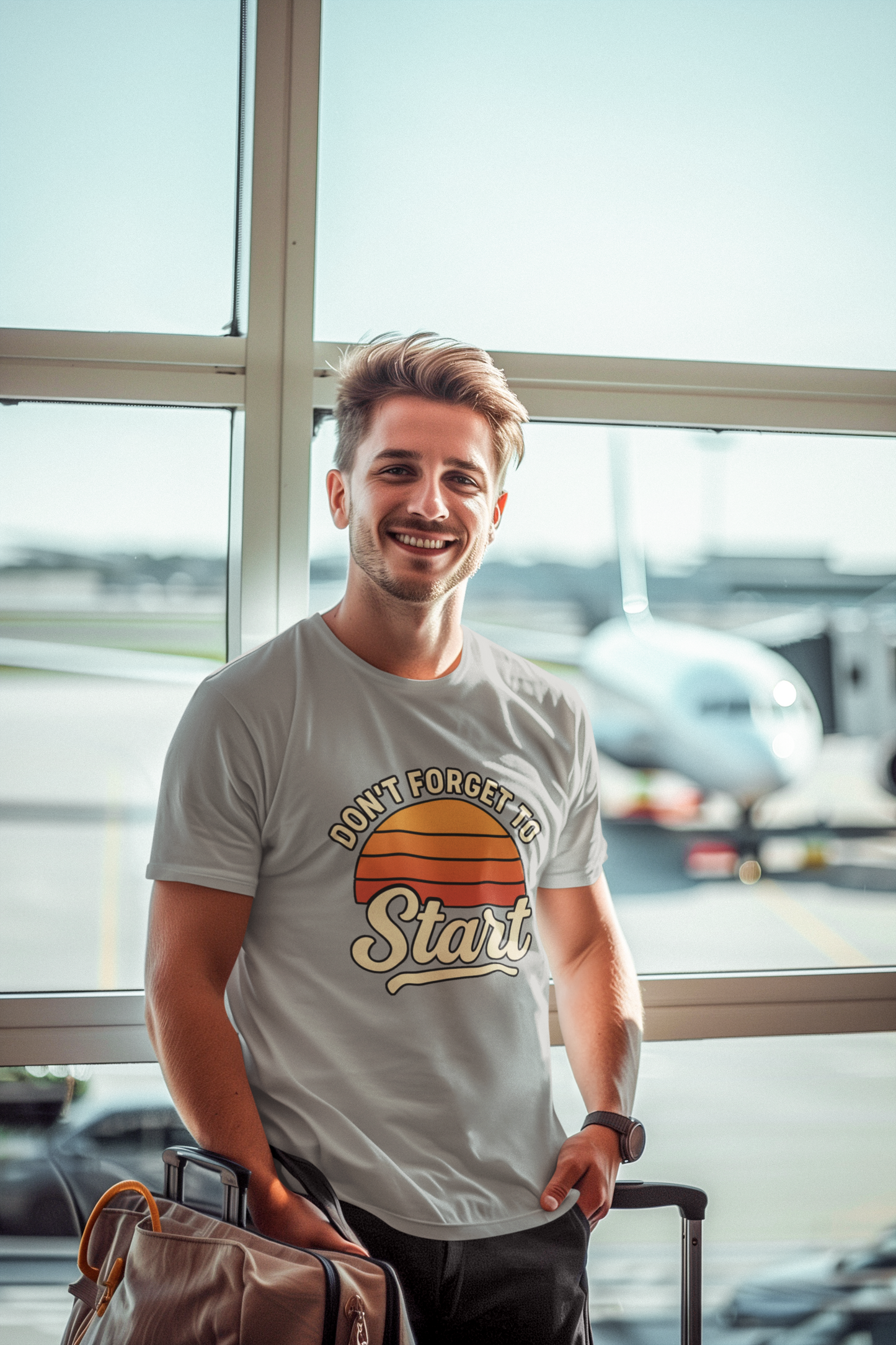 Don’t Forget to Start T-Shirt – Motivational Graphic Tee for Dreamers worn by smiling man in white shirt, standing at sunny airport window with travel bag