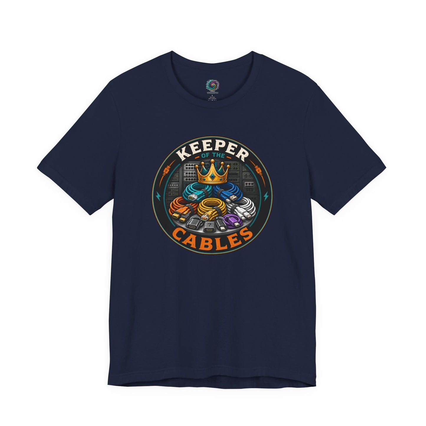 Keeper of the Cables T-Shirt – Funny Tech Dad Cable Tee on navy for the dad with a drawer, bin, or bag of “might need someday” cords.