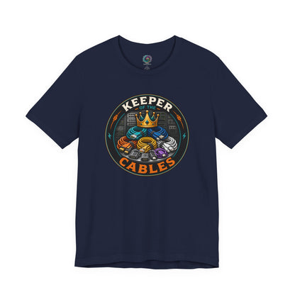 Keeper of the Cables T-Shirt – Funny Tech Dad Cable Tee on navy for the dad with a drawer, bin, or bag of “might need someday” cords.