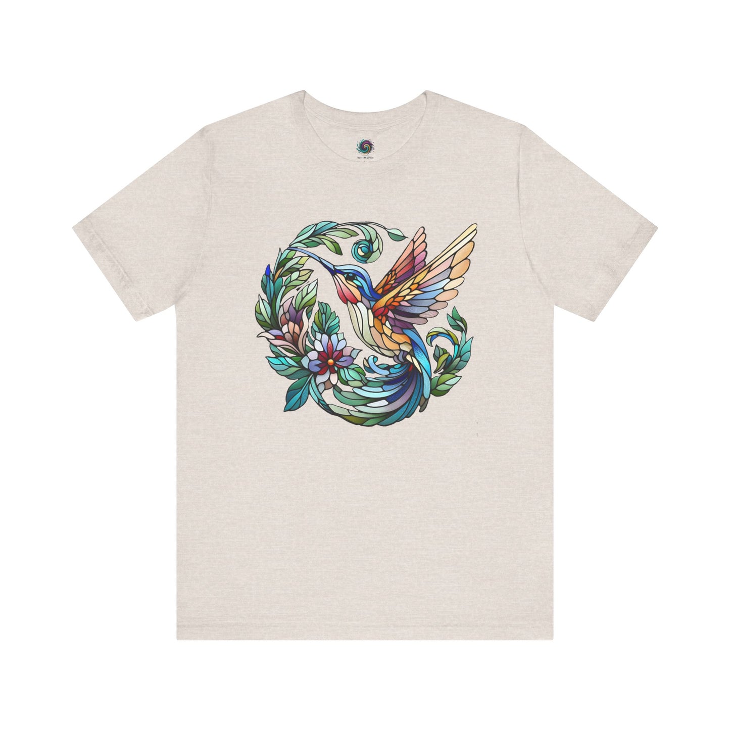 Stained Glass Hummingbird T-Shirt – Colorful Floral Bird Graphic Tee in heather dust, highlighting pastel-toned stained glass hummingbird art.