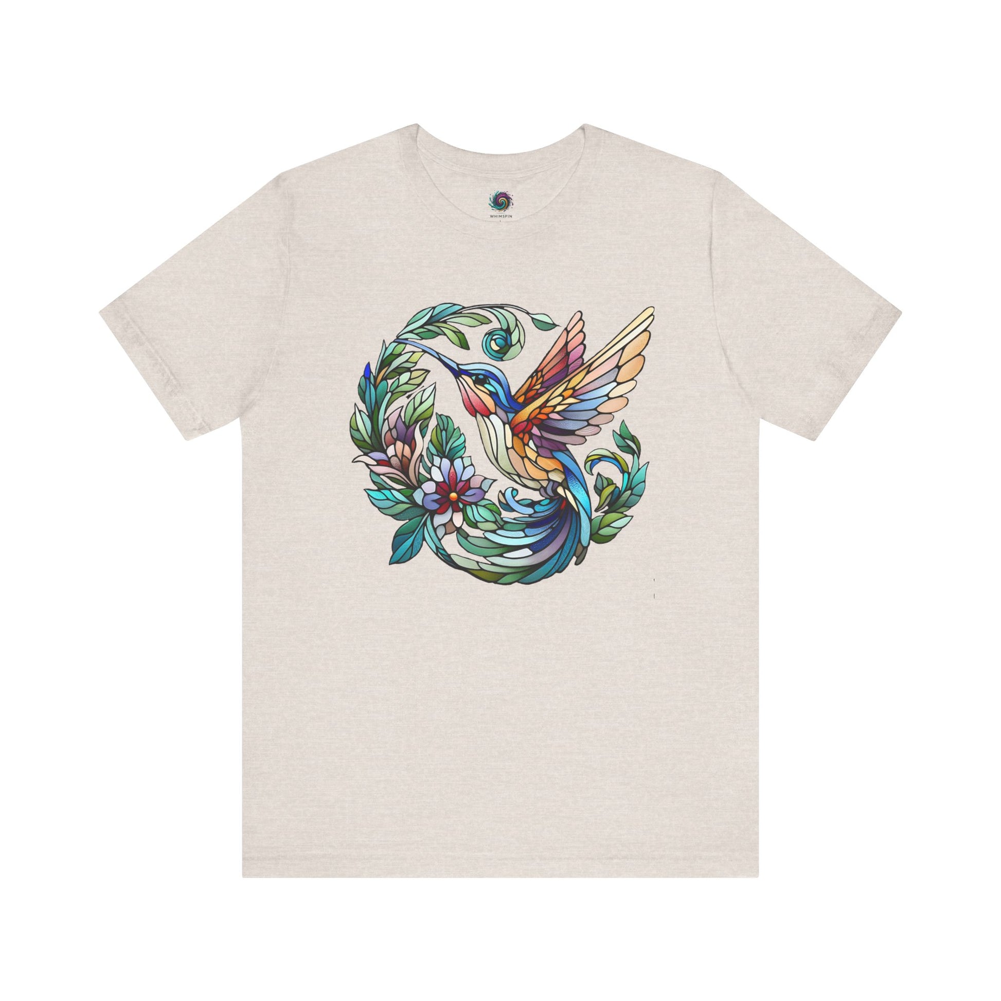 Stained Glass Hummingbird T-Shirt – Colorful Floral Bird Graphic Tee in heather dust, highlighting pastel-toned stained glass hummingbird art.