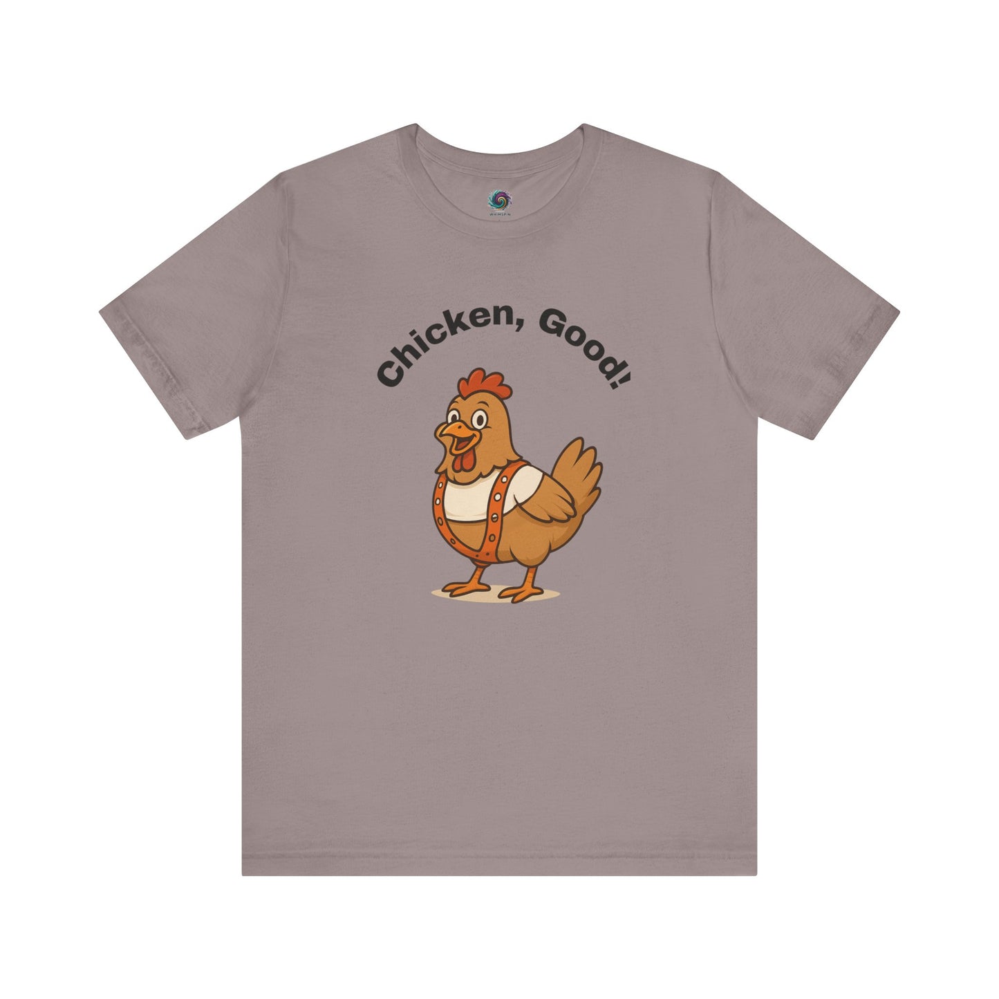 Chicken Good T-Shirt – Sci-Fi Divine Being Parody Chicken Tee in pebble brown, laid flat to showcase bold graphic design