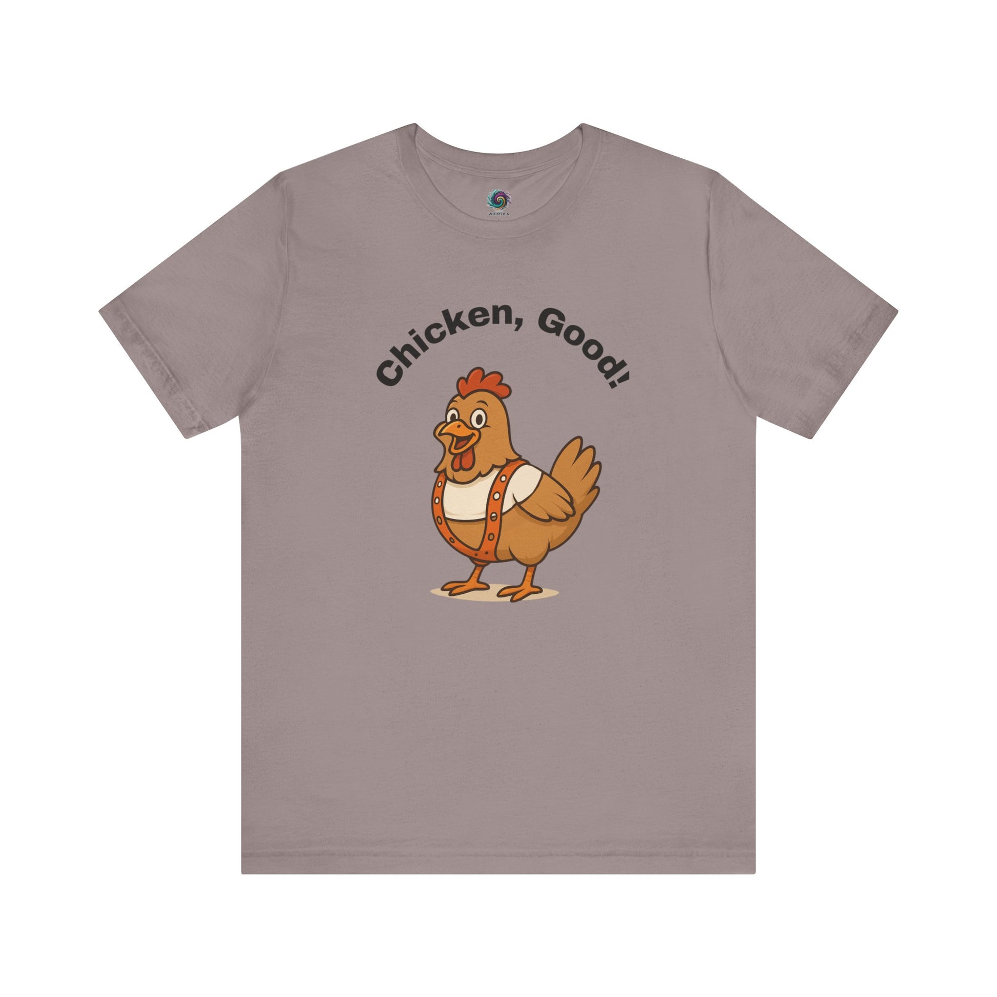 Chicken Good T-Shirt – Sci-Fi Divine Being Parody Chicken Tee in pebble brown, laid flat to showcase bold graphic design
