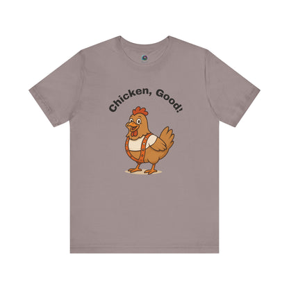 Chicken Good T-Shirt – Sci-Fi Divine Being Parody Chicken Tee in pebble brown, laid flat to showcase bold graphic design