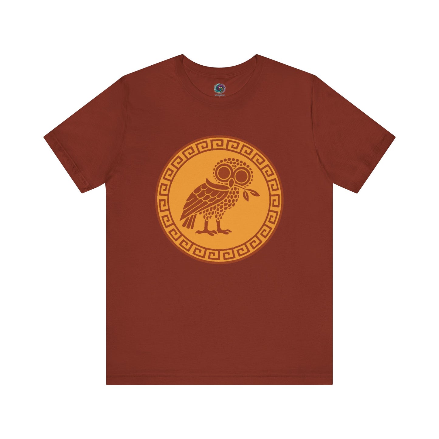 Athena’s Owl T-Shirt in rich rust, celebrating the grounded wisdom of Athena’s owl with a warm palette and classical design.