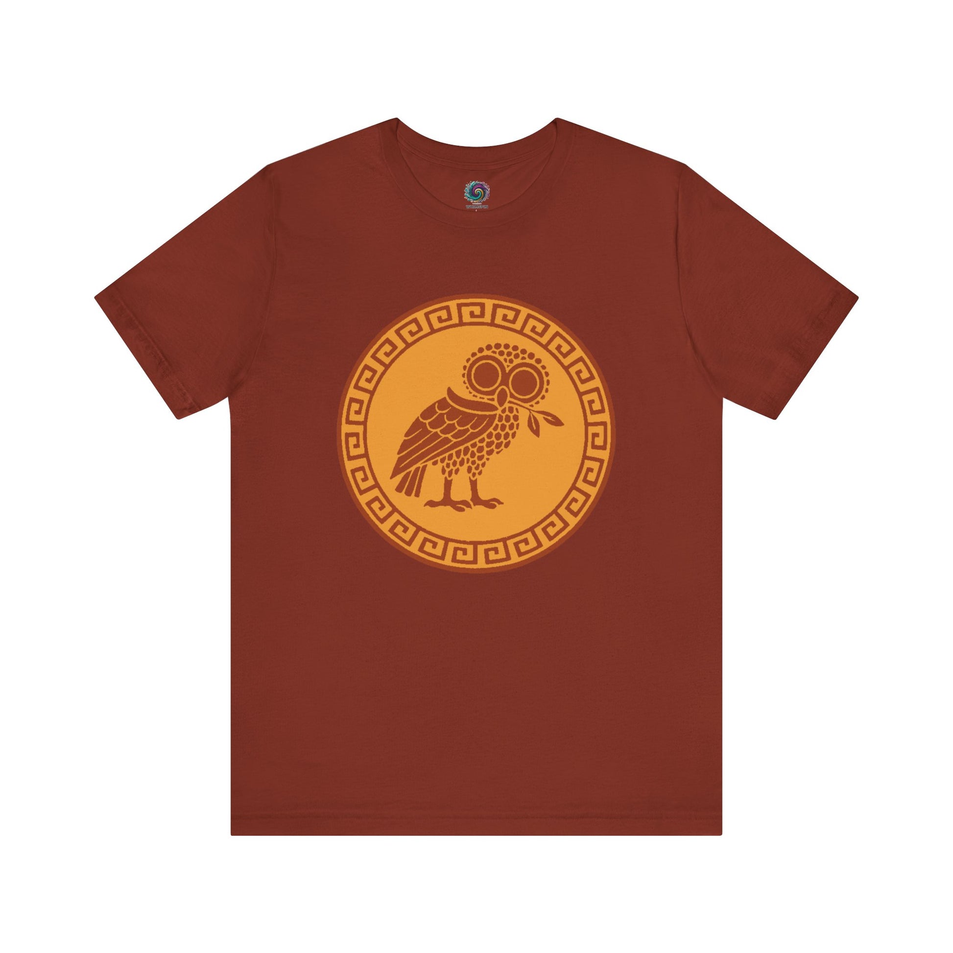 Athena’s Owl T-Shirt in rich rust, celebrating the grounded wisdom of Athena’s owl with a warm palette and classical design.