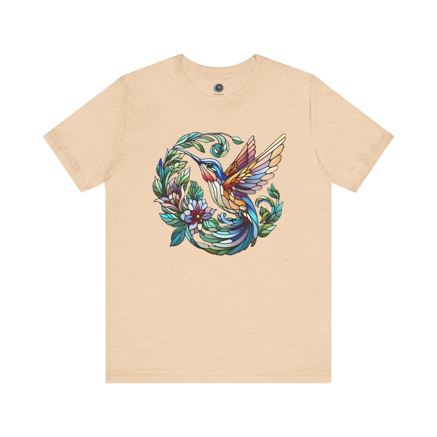 Stained Glass Hummingbird T-Shirt – Colorful Floral Bird Graphic Tee in heather sand dune, ideal for showcasing stained glass hummingbird art with a neutral backdrop.