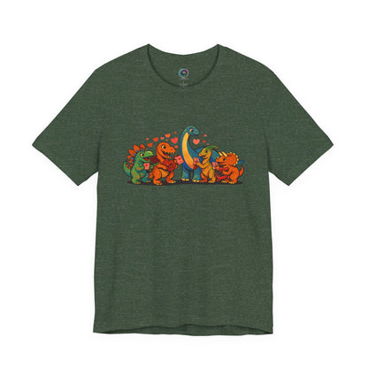 Dinosaur Valentines T-Shirt – Cute Dino Valentine’s Day Tee in Heather Forest featuring cozy dinosaur valentines art with a nature-inspired feel