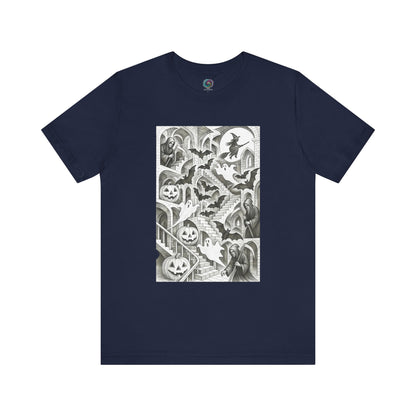 Navy t-shirt with stair-filled haunted house design and optical illusion
