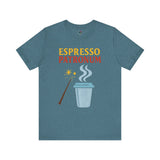 Heather deep teal Espresso Patronum Shirt with magical coffee-themed graphic; combines fantasy with coffee humor