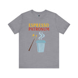 Espresso Patronum Tee in cloudy heather storm grey with parody coffee spell art; geeky and cozy gift idea