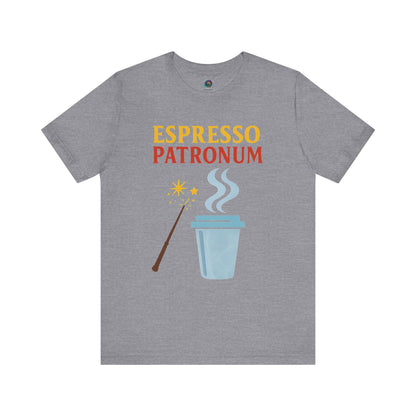 Espresso Patronum Tee in cloudy heather storm grey with parody coffee spell art; geeky and cozy gift idea