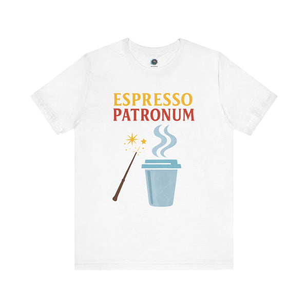 White Espresso Patronum Tee featuring bold parody magic coffee design; ideal for caffeine-fueled spellcasters
