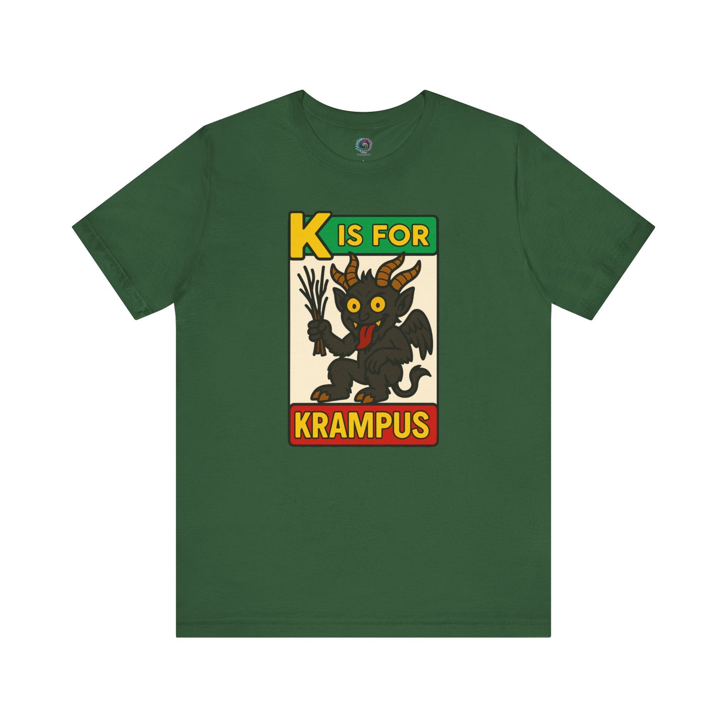 K is for Krampus Alphabet Holiday Graphic T-Shirt in Evergreen flat lay with creepy holiday creature design
