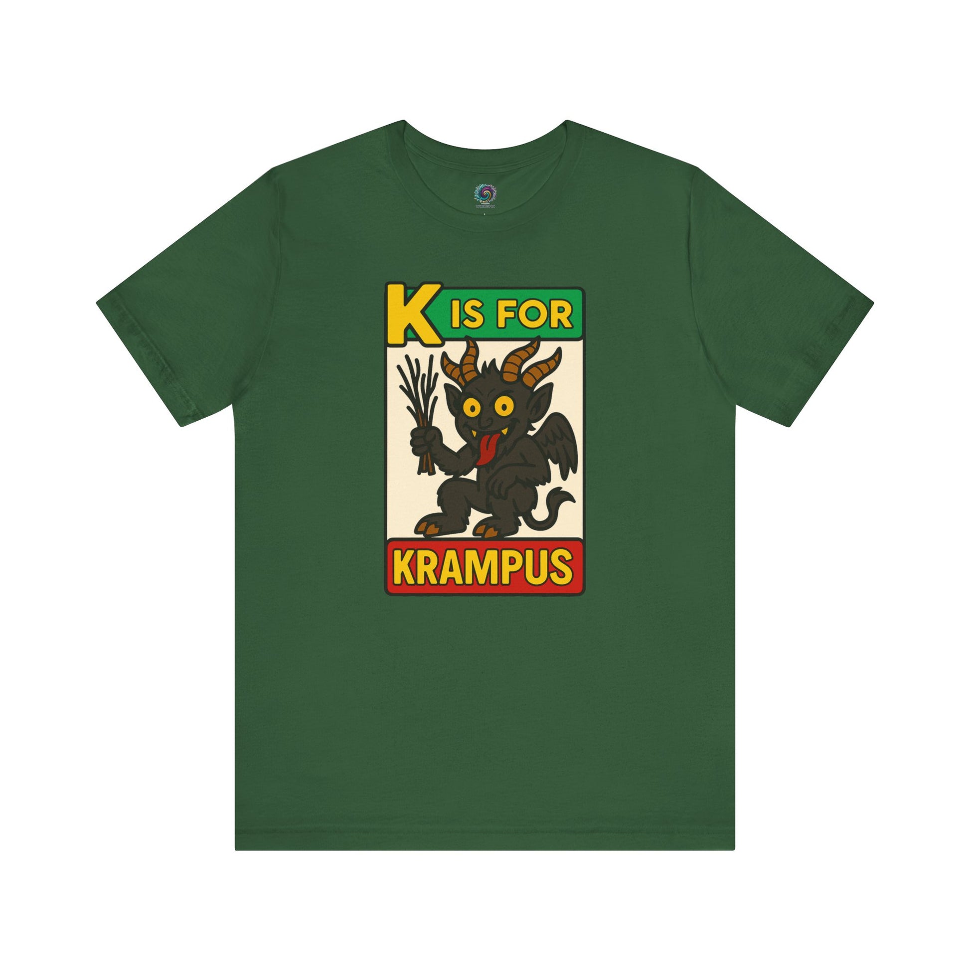 K is for Krampus Alphabet Holiday Graphic T-Shirt in Evergreen flat lay with creepy holiday creature design
