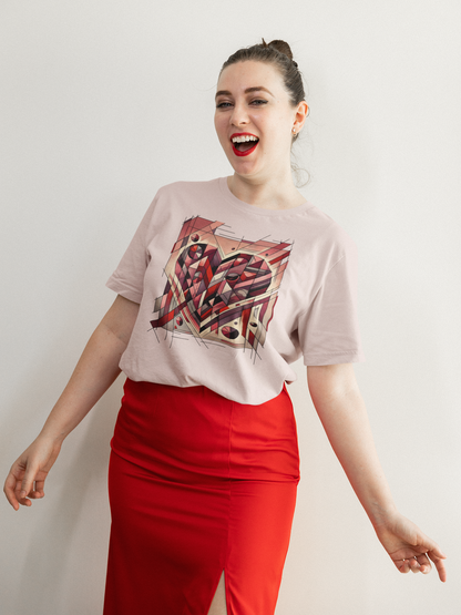 Cubist Heart T-Shirt – Modern Art Valentine's Day Graphic Tee styled as a complete outfit, featuring a modern art heart graphic influenced by cubism and abstract composition.