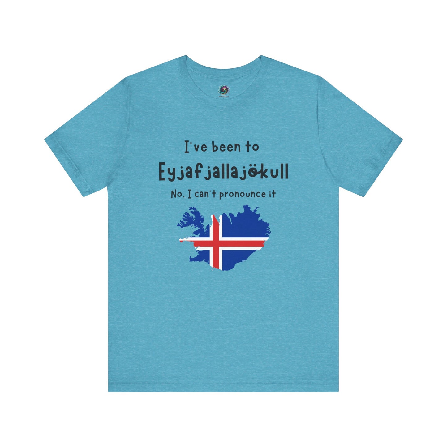 Eyjafjallajökull T-Shirt – Funny Iceland Volcano Travel Merch in heather aqua, combining a pastel base with bold Icelandic imagery and volcano reference.