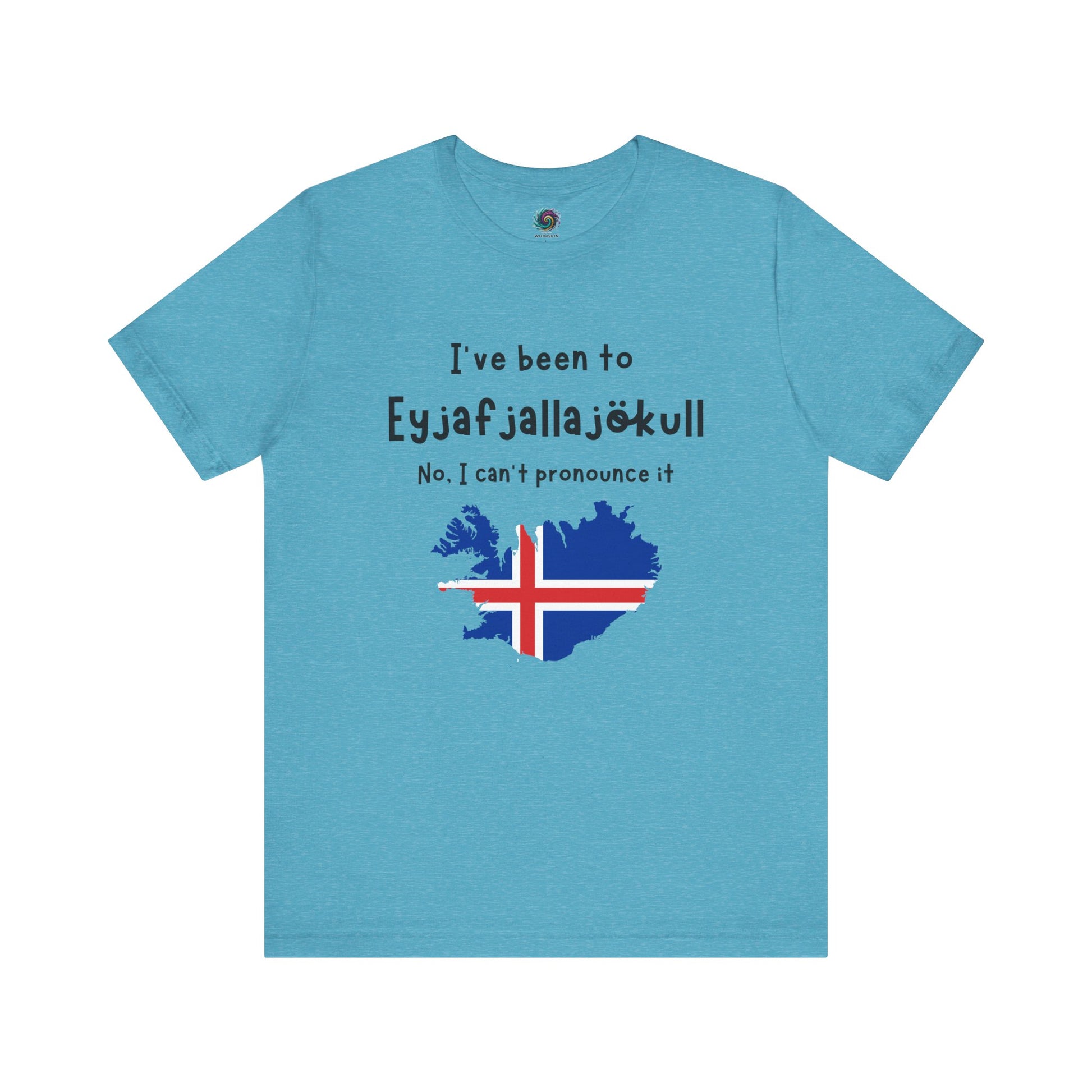 Eyjafjallajökull T-Shirt – Funny Iceland Volcano Travel Merch in heather aqua, combining a pastel base with bold Icelandic imagery and volcano reference.