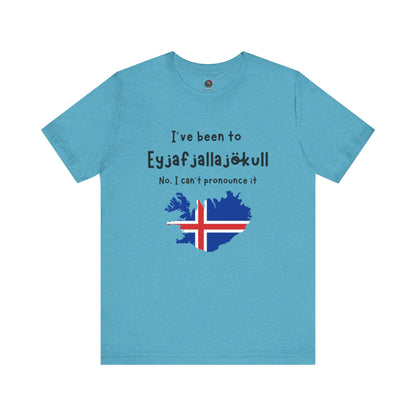 Eyjafjallajökull T-Shirt – Funny Iceland Volcano Travel Merch in heather aqua, combining a pastel base with bold Icelandic imagery and volcano reference.