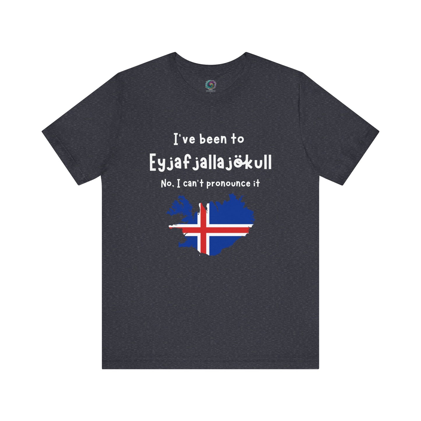 Eyjafjallajökull T-Shirt – Funny Iceland Volcano Travel Merch in heather navy, featuring stylized Eyjafjallajökull volcano design and Iceland flag graphic.