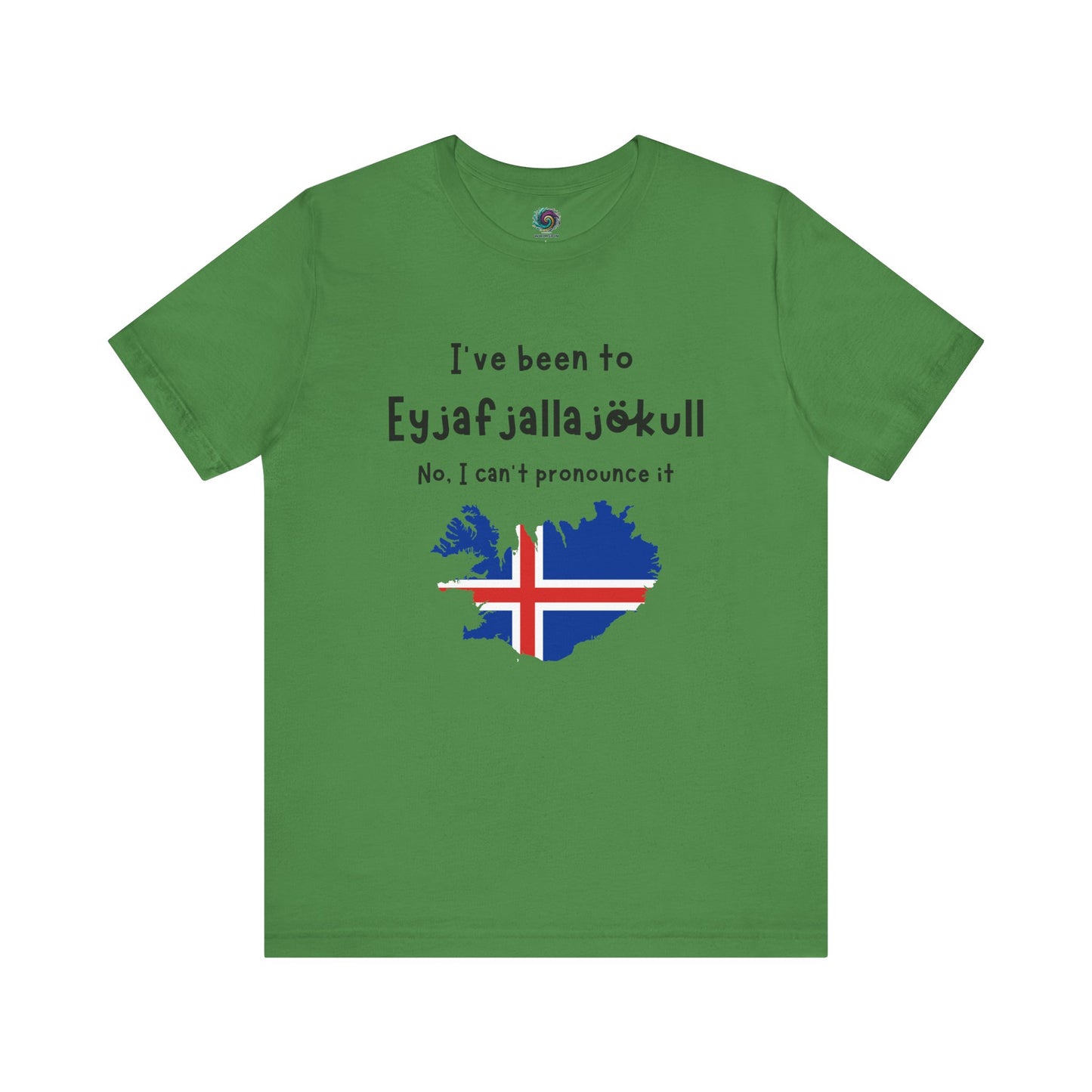 Eyjafjallajökull T-Shirt – Funny Iceland Volcano Travel Merch in leaf green, displaying long Icelandic volcano name and map illustration with flag overlay.