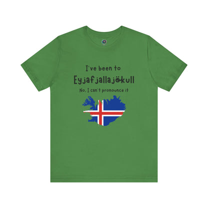 Eyjafjallajökull T-Shirt – Funny Iceland Volcano Travel Merch in leaf green, displaying long Icelandic volcano name and map illustration with flag overlay.