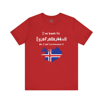 Eyjafjallajökull T-Shirt – Funny Iceland Volcano Travel Merch in bright red, with playful volcano-themed travel design and Eyjafjallajökull prominently displayed.