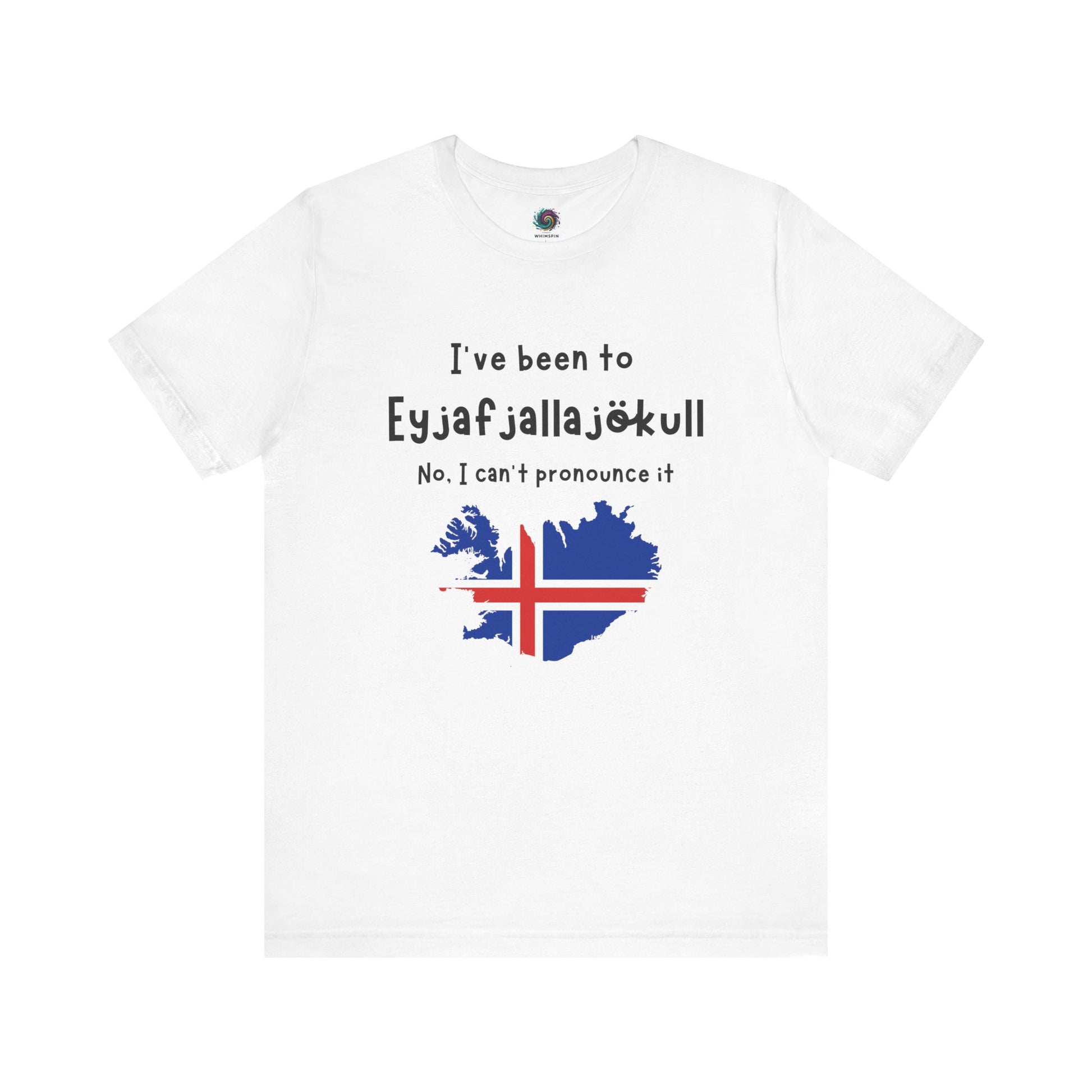 Eyjafjallajökull T-Shirt – Funny Iceland Volcano Travel Merch in white with Eyjafjallajökull written across the chest, Iceland map and flag beneath for a travel-inspired look.
