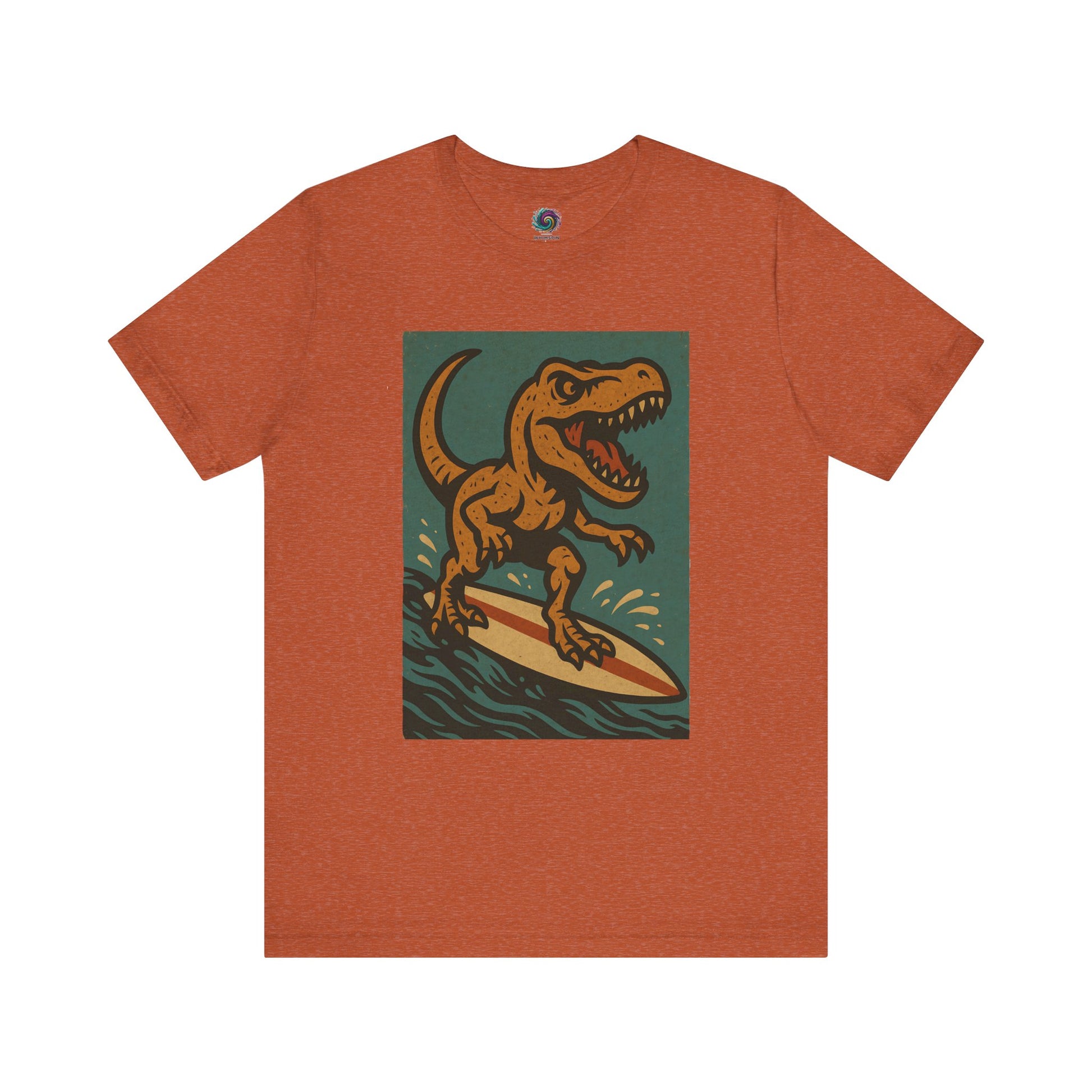 Surfing T-Rex T-Shirt – Funny surfing Dinosaur Graphic Teein heather autumn, combining autumn tones with summer dinosaur surfing fun.