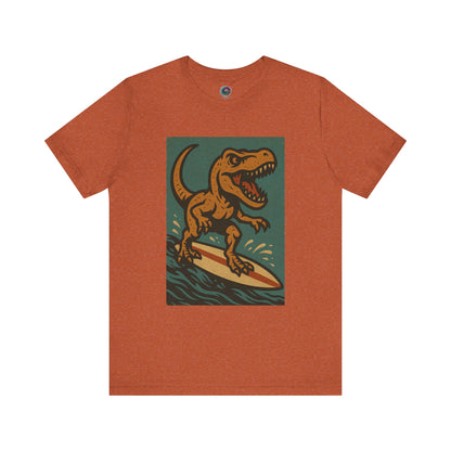 Surfing T-Rex T-Shirt – Funny surfing Dinosaur Graphic Teein heather autumn, combining autumn tones with summer dinosaur surfing fun.