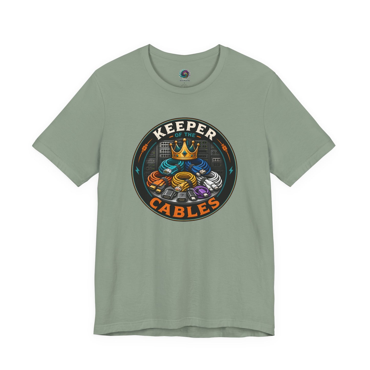 Keeper of the Cables T-Shirt – Funny Tech Dad Cable Tee on sage for the dad who can somehow find the right charger eventually.