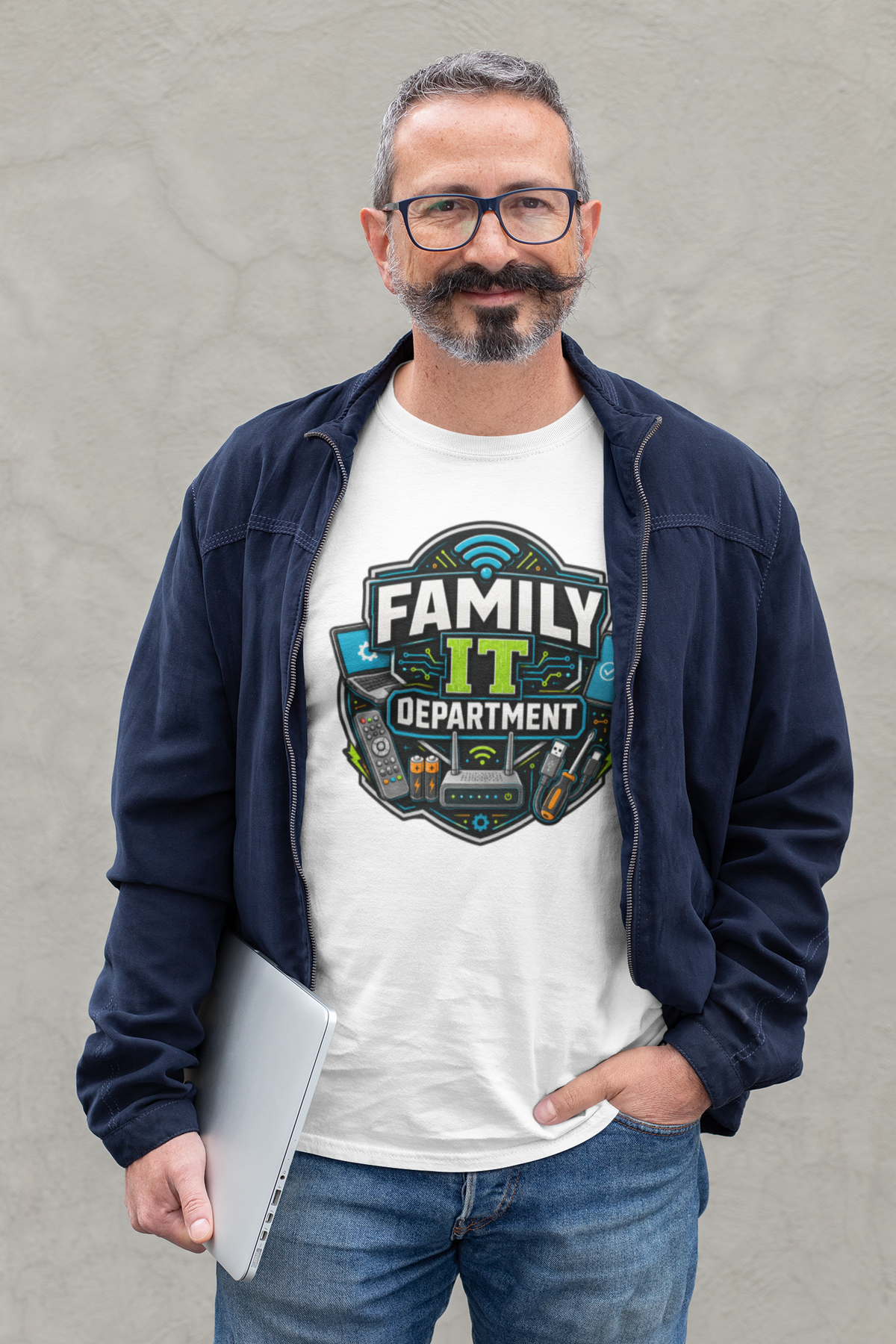 Man wearing a white t-shirt with 'Family IT Department' design against a gray background