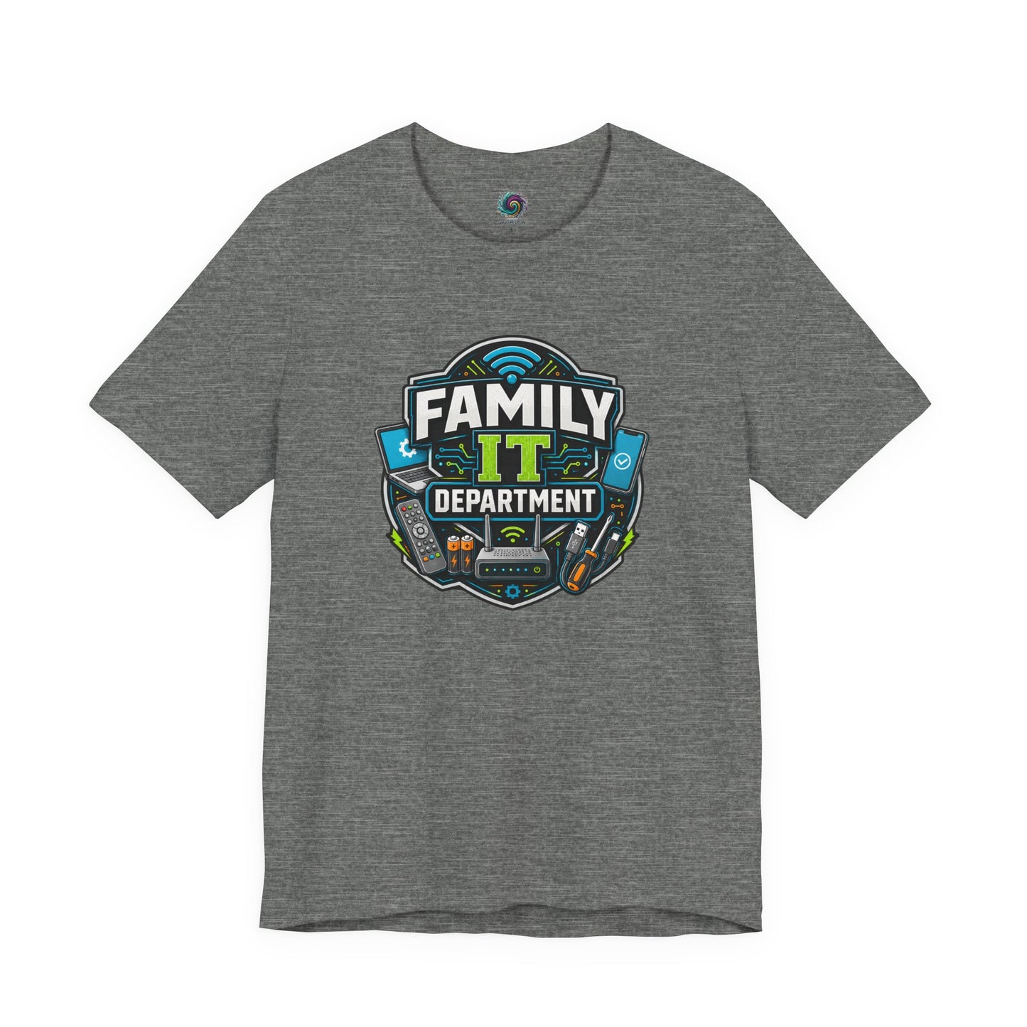 Family IT Department T-Shirt – Funny Household Tech Support Tee on deep heather with funny household tech support humor.