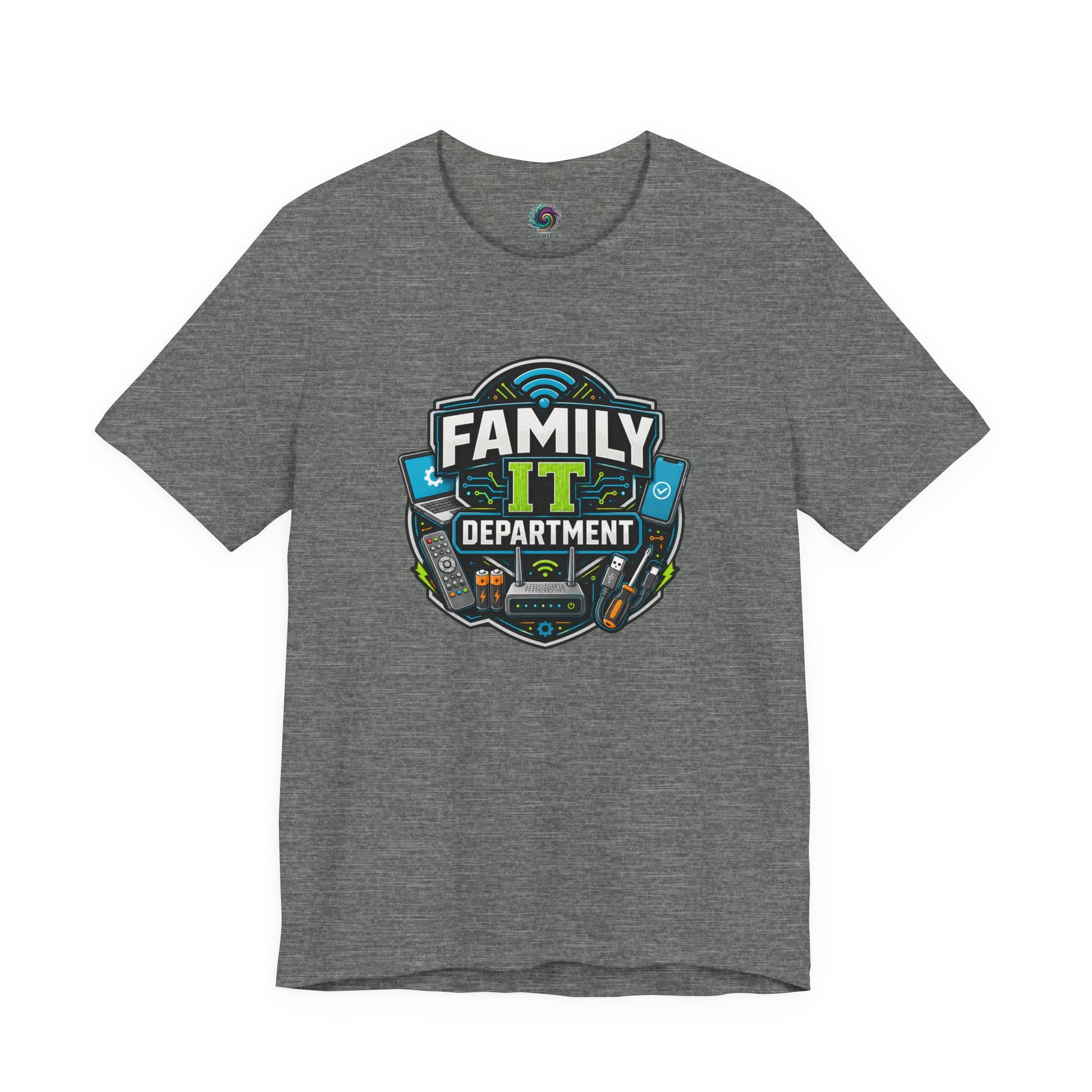 Family IT Department T-Shirt – Funny Household Tech Support Tee on deep heather with funny household tech support humor.