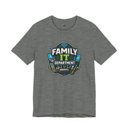 Family IT Department T-Shirt – Funny Household Tech Support Tee on deep heather with funny household tech support humor.