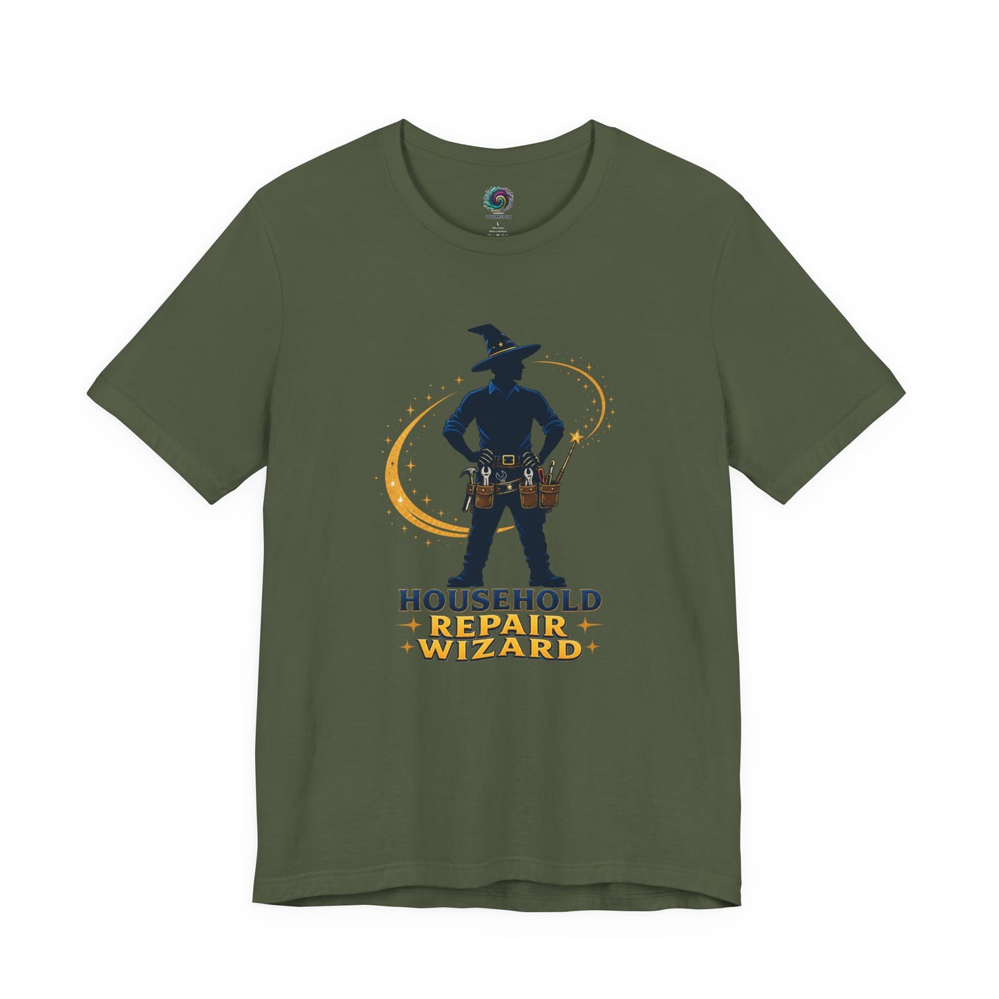 Military Green Household Repair Wizard T-Shirt showcasing magical handyman artwork with wizard hat and repair tool belt