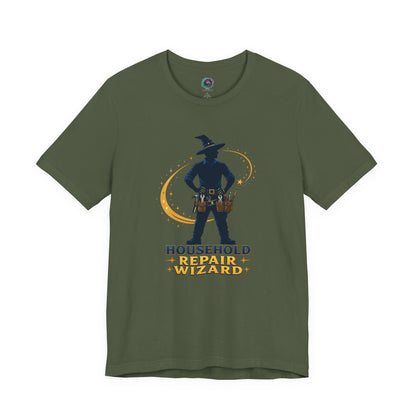 Military Green Household Repair Wizard T-Shirt showcasing magical handyman artwork with wizard hat and repair tool belt