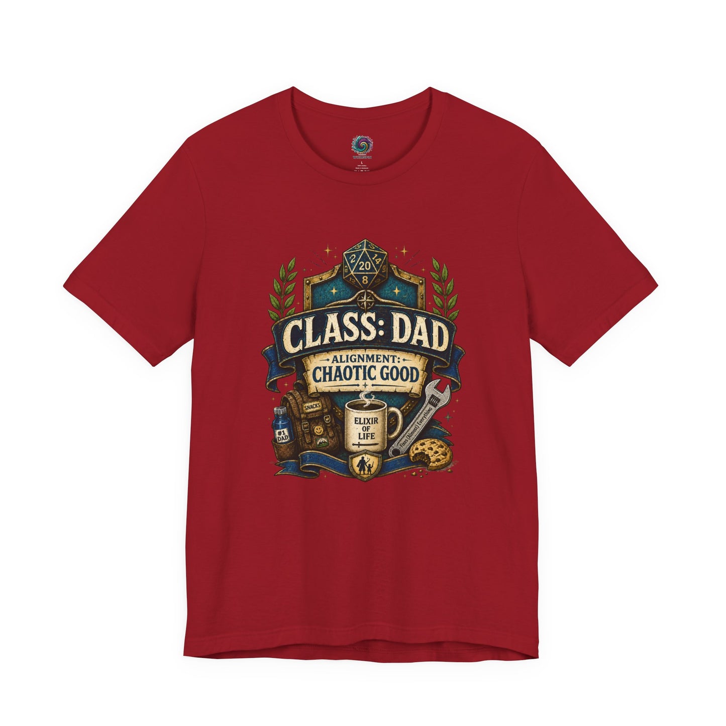 Canvas Red Chaotic Good Dad T-Shirt with humorous tabletop roleplaying dad character crest and gaming-inspired details