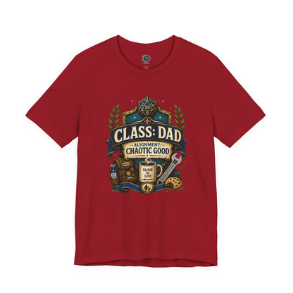 Canvas Red Chaotic Good Dad T-Shirt with humorous tabletop roleplaying dad character crest and gaming-inspired details