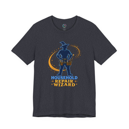 Heather Navy Household Repair Wizard T-Shirt showcasing wizard-inspired handyman graphic with magical home repair theme