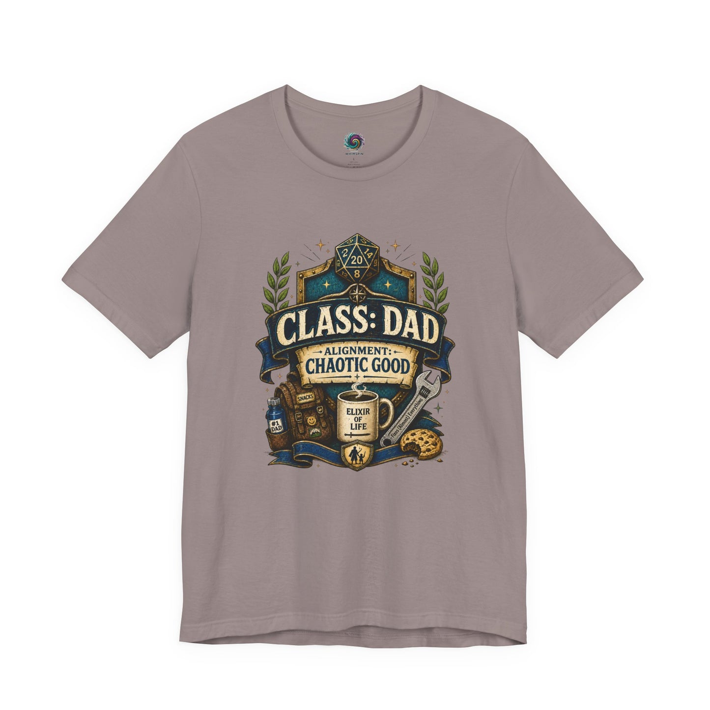 Pebble Brown Chaotic Good Dad T-Shirt with detailed tabletop gamer dad artwork and humorous fantasy class design