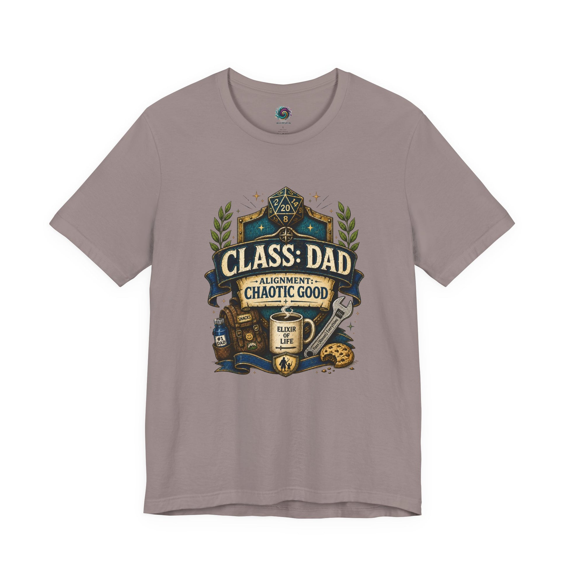 Pebble Brown Chaotic Good Dad T-Shirt with detailed tabletop gamer dad artwork and humorous fantasy class design