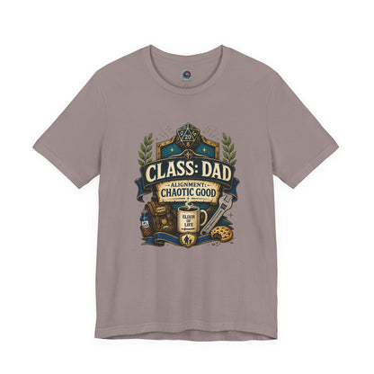 Pebble Brown Chaotic Good Dad T-Shirt with detailed tabletop gamer dad artwork and humorous fantasy class design