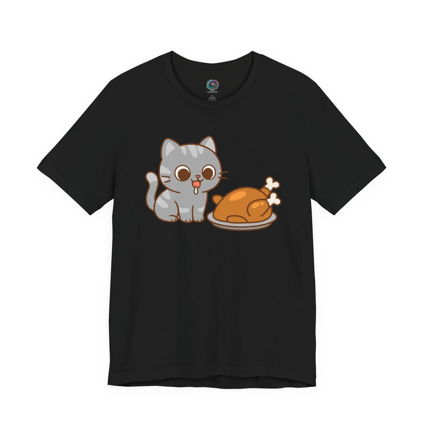Thanksgiving Cat T-Shirt – Cute Hungry Cat and Turkey Tee in black with adorable wide-eyed cartoon cat and turkey dinner