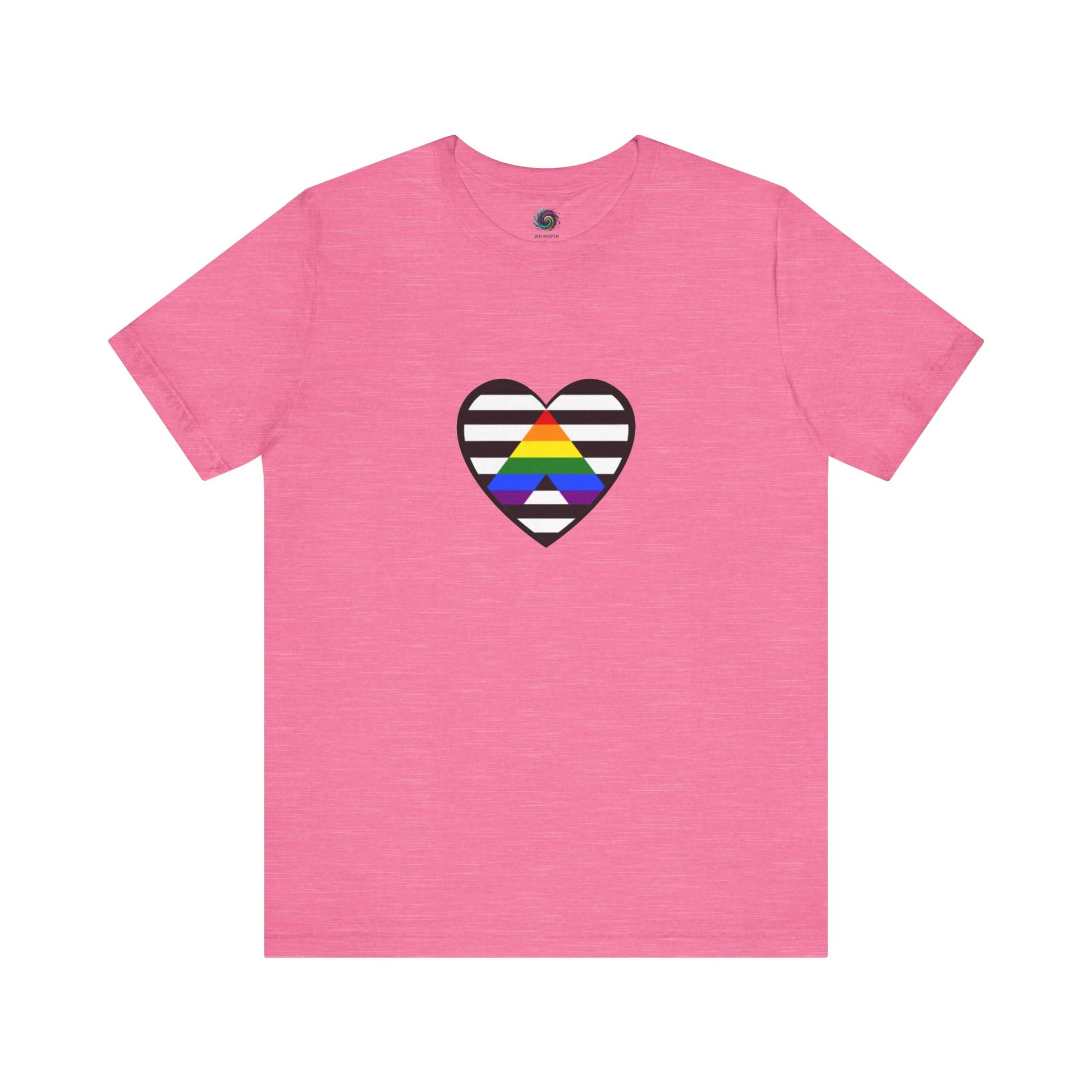 Heart Ally Flag T-Shirt – Subtle LGBTQ+ Support with Bold Pride in heather charity pink, showcasing a bright straight ally heart design on a soft and supportive color.